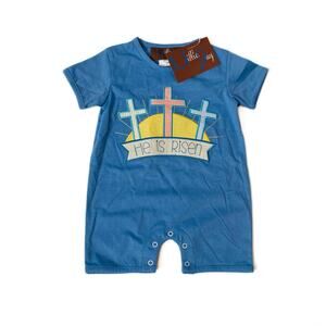 NWT Millie Jay 3M He Is Risen Blue Romper
